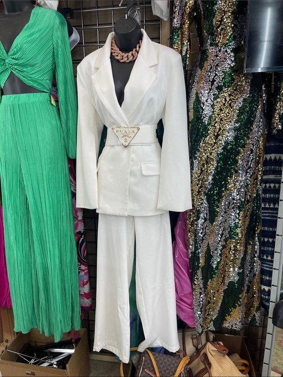 Pants - Cape Sleeve Cinched Waist Blazer Blazer with Wide-Leg Pants